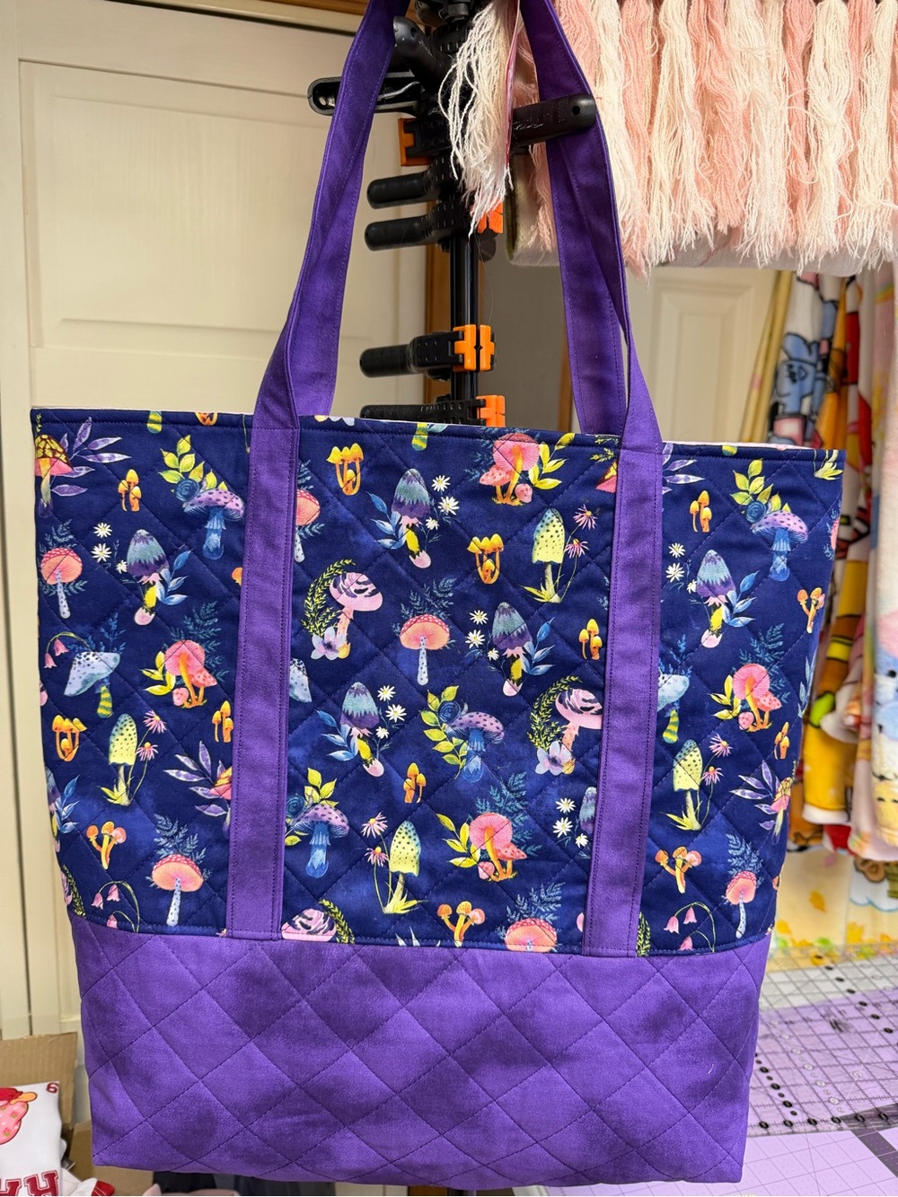 Quilted Purple Floral & Mushroom Tote Bag